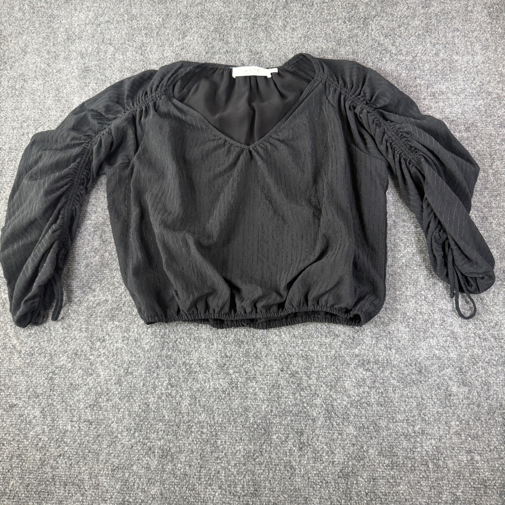 ASTR The Label Blouse Women Small Black V-Neck Ruched Sleeve Top Minimalist Chic